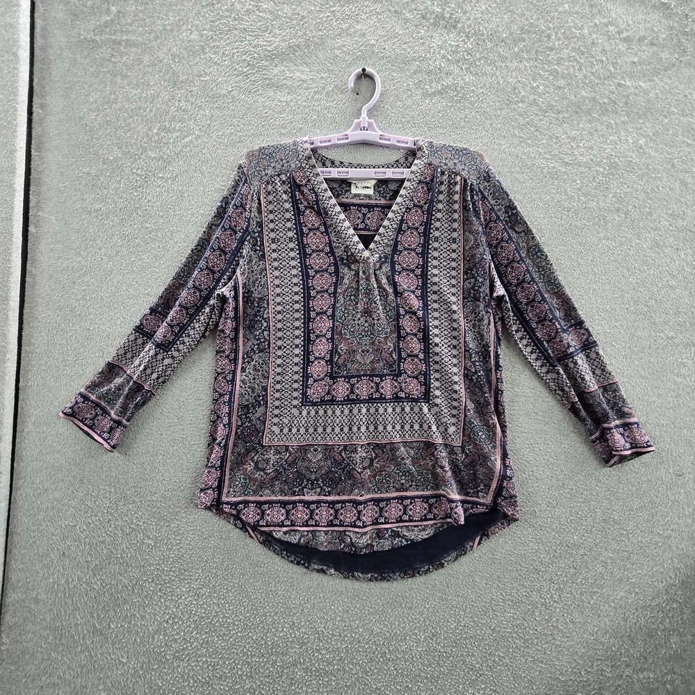 Lucky Brand Women Blouse L/G Geometric Boho V-Neck Pullover Long Sleeve